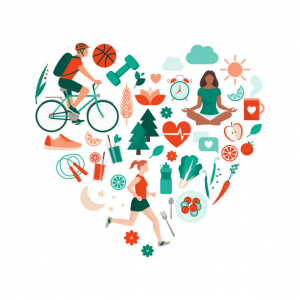 Collage of pictures of healthy activities, foods, etc. in the shape of a heart