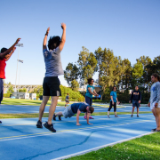 students exercising at Drake Stadium