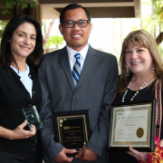 Professor Tina Christie, Djoko Setiyawan and Jane Bitar each received awards from the UCLA Staff Assembly. Angelo Magpantay, not pictured, also received an award.