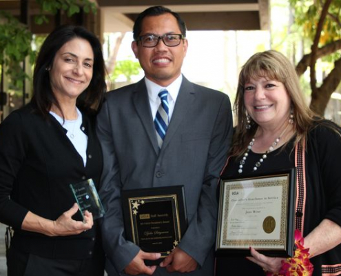 Professor Tina Christie, Djoko Setiyawan and Jane Bitar each received awards from the UCLA Staff Assembly. Angelo Magpantay, not pictured, also received an award.