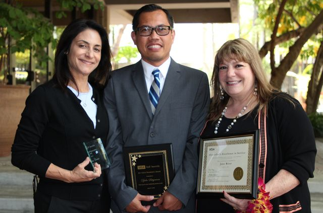 Professor Tina Christie, Djoko Setiyawan and Jane Bitar each received awards from the UCLA Staff Assembly. Angelo Magpantay, not pictured, also received an award.