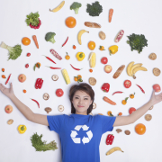 a woman with veggies surrounding her in a picture