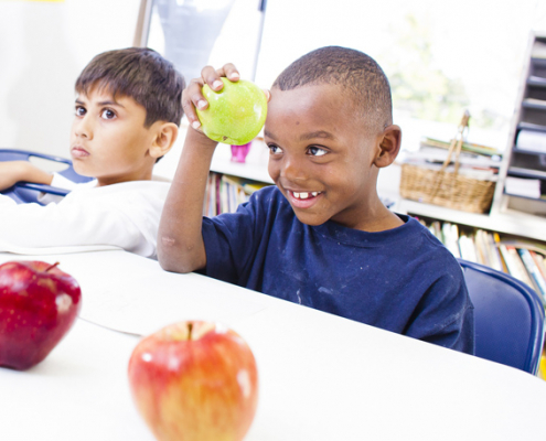 a kid holding a green apple