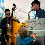 2 guys playing music in front of the UCLA medical center