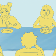 A drawing with people eating seafood