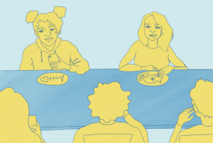 A drawing with people eating seafood