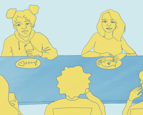 A drawing with people eating seafood