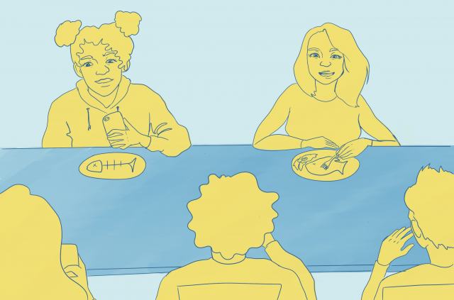 A drawing with people eating seafood