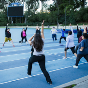 group workout class at Drake stadium