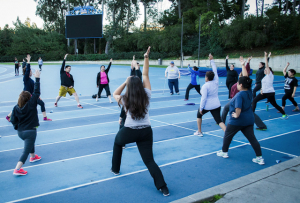 group workout class at Drake stadium