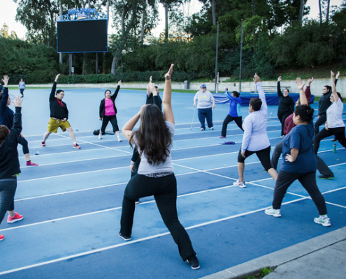 group workout class at Drake stadium