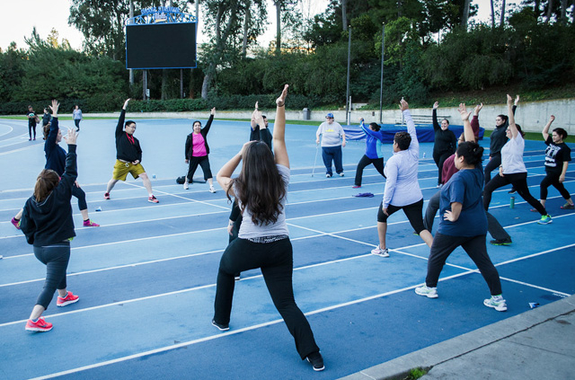 group workout class at Drake stadium